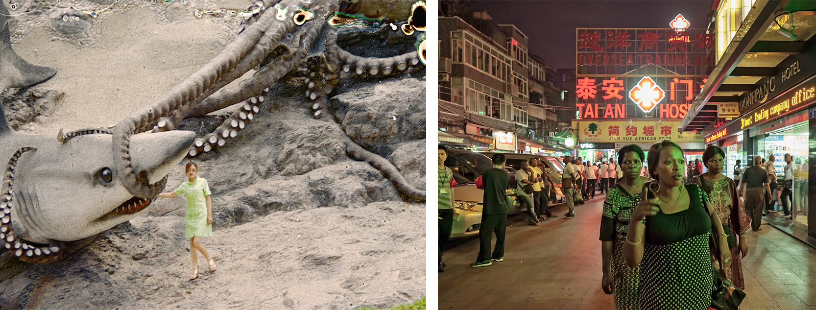 Left: Beijing Silvermine / Thomas Sauvin, E-0707-20, 1985-2005, archival inkjet print Right: Daniel Traub, Outside Donfranc Hotel, Dengfeng village, May 7, 2012, archival inkjet print