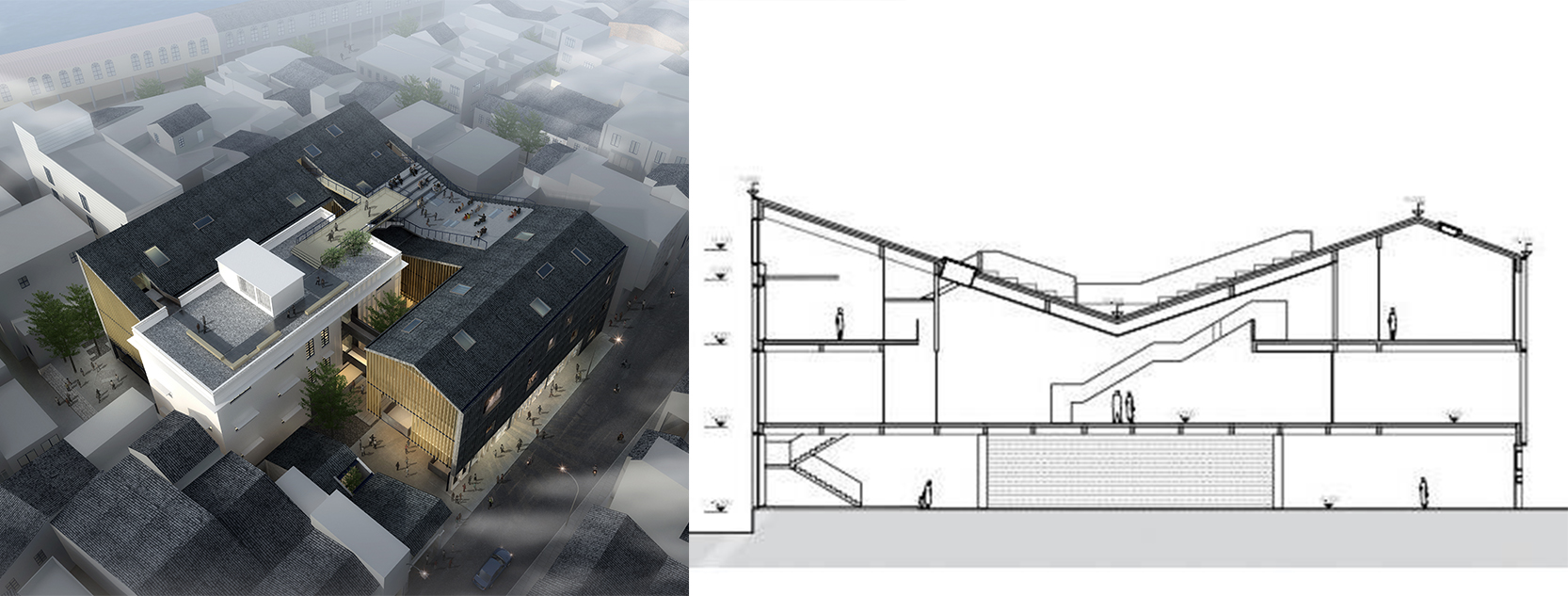 Plan of the Lianzhou Museum of Photography designed by O-Office Architects 源计划. Inspired by local topography and conceived as a village within the city, the old local building in the middle will be encircled by a contemporary structure. It will cover a surface area of approximately 4000 square meters, all fitting international standards of museological practice. It will include seven temporary exhibitions spaces, storage and specialised preservation facilities.