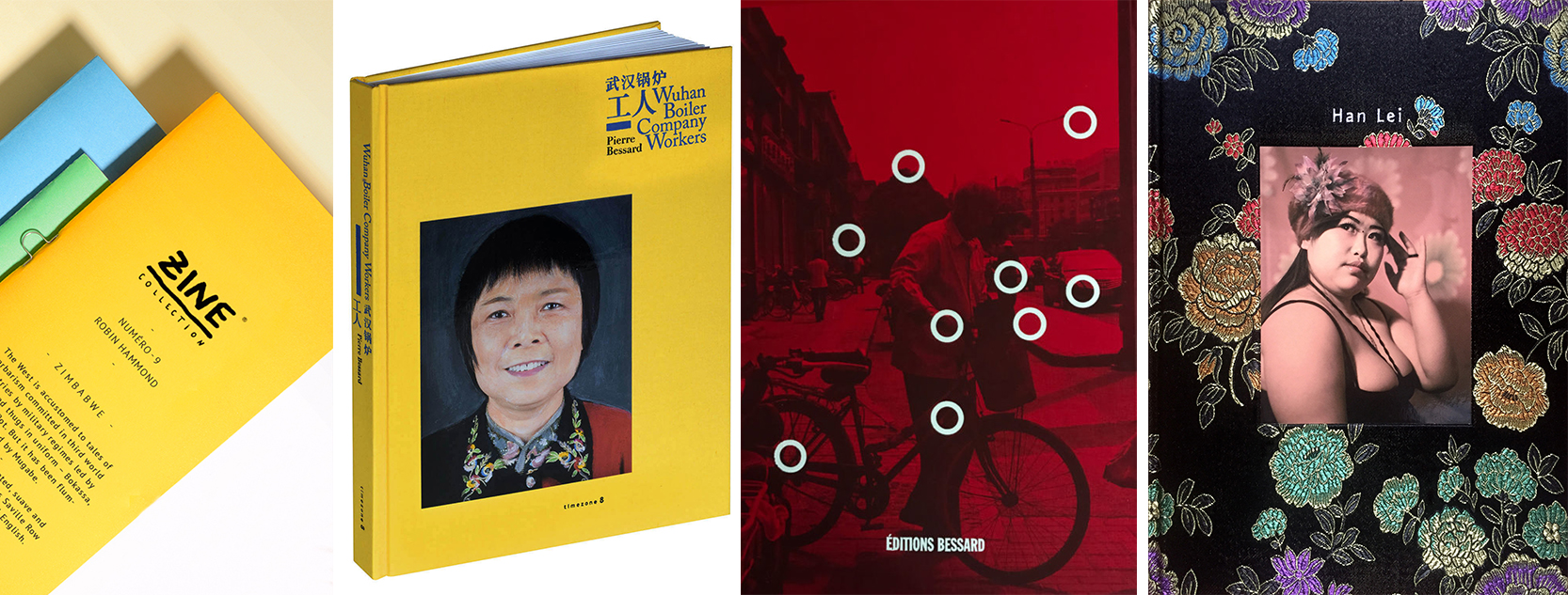 From left to right: Editions Bessard's Zine collection, Pierre Bessard's “Wuhan Boiler Company Workers”, Guy Tillim’s “Edit Beijing”, and Han Lei's monograph from the Bespoke collection