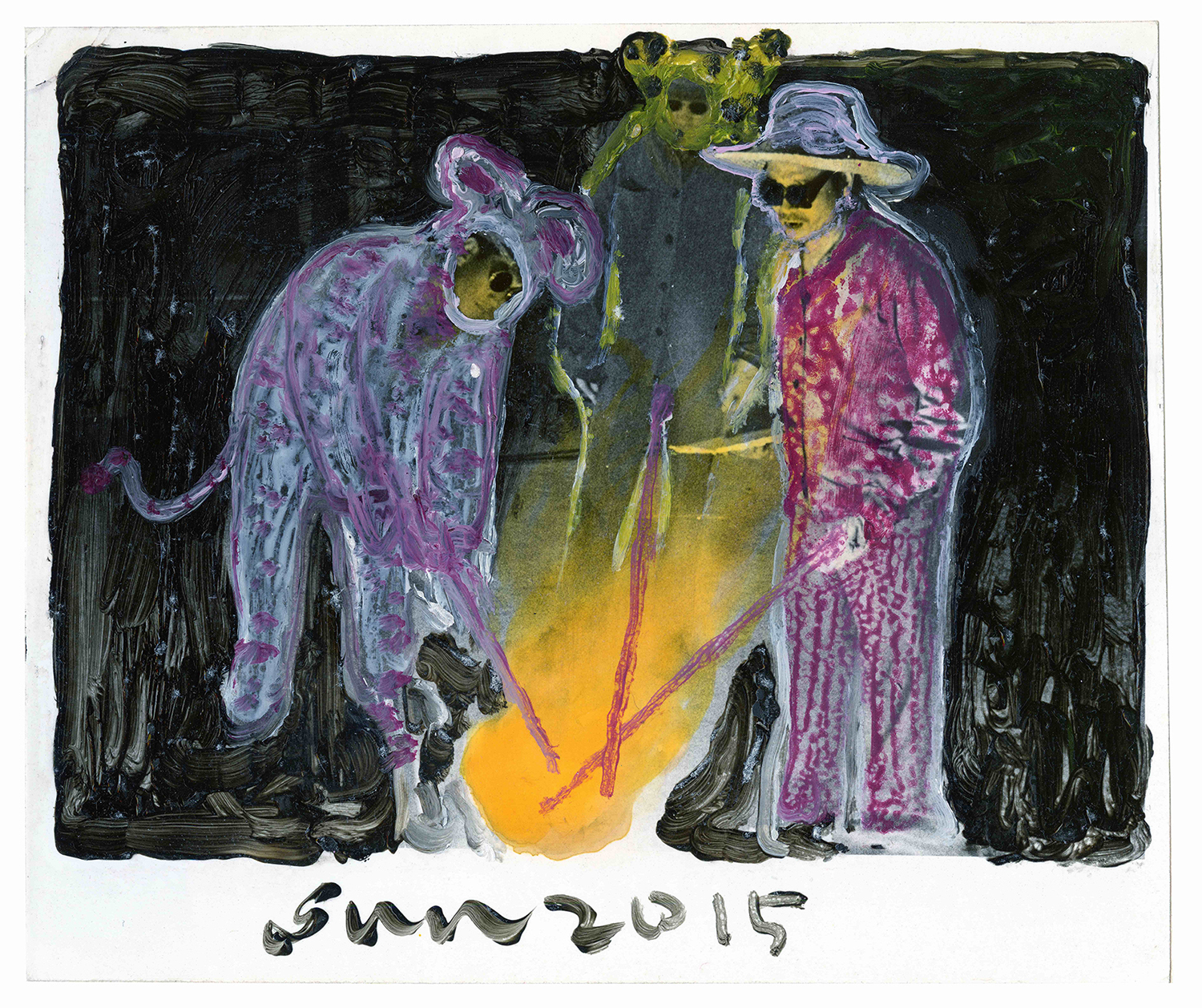 Sun Yanchu, Watching the fire, Ficciones series, Silver print photo, watercolor, oil painting, 2015, courtesy of the artist
