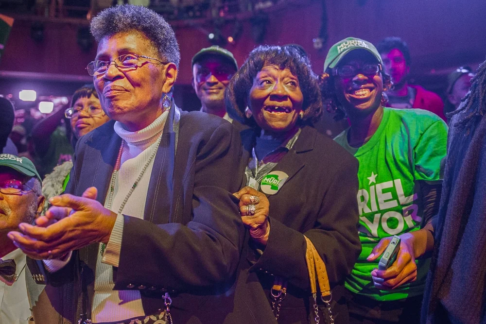 At the Howard Theater in Washington, DC, friends and family of Muriel Bowser cheer and show support after the election results announced that Muriel Bowser is DC's new Mayor.