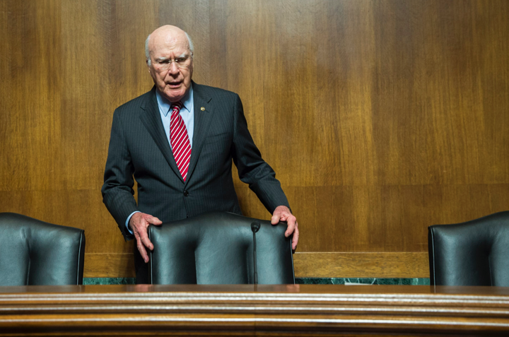 Senator Patrick Leahy (D-VT) prepares to take his seat at the Senate Judiciary committee hearing titles "The Report of the President's Review Group on Intelligence and Communications Technologies." 