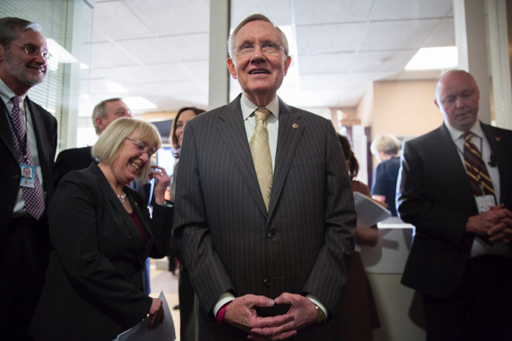 Harry Reid (D-NV) waits outside before Senate Democrats hold a news conference on the "Paycheck Fairness Act." 