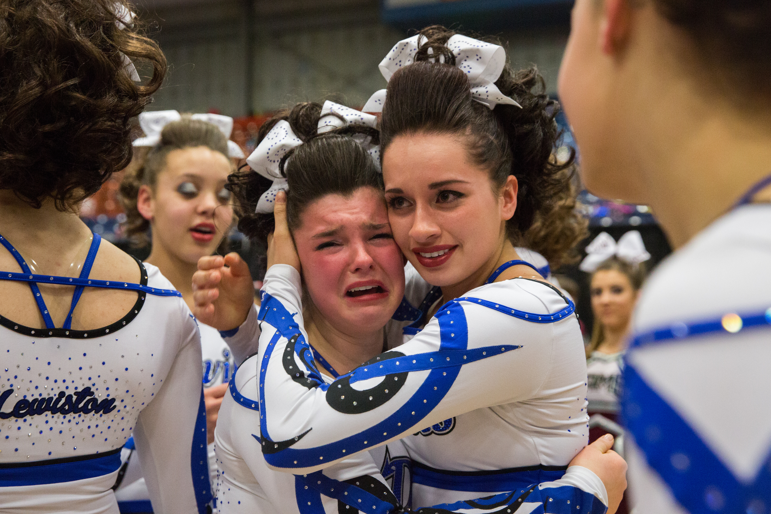 Maraeka Merchant cries tears of joy after it was announced that her team, the Lewiston Devils, won the Maine State Cheerleading Championship at the Augusta Civic Center in Augusta, Maine. 