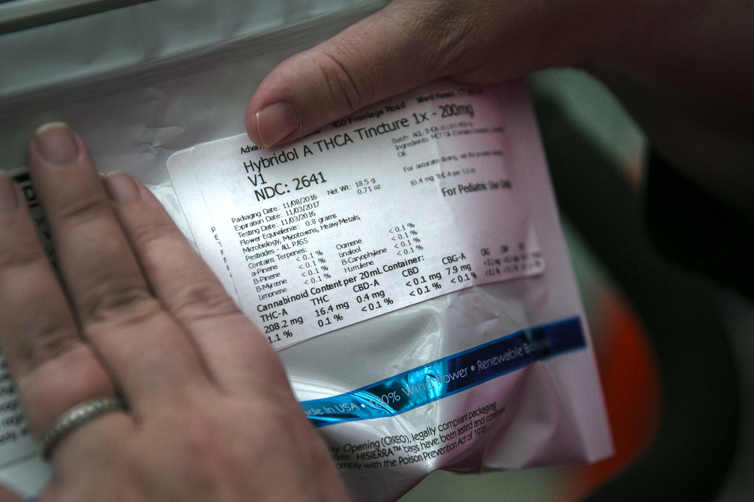 Cara displays the label for the medical cannabis that West is currently taking. The label shows the concentration of the different cannabinoid's included in the medication. 
