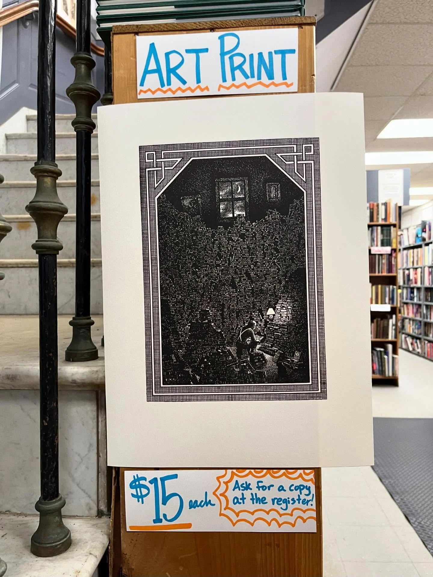 For a limited time, we have on sale this fine art print commissioned by our proprietor Ken Gloss from the artist Whitney Snow (also a former Brattle employee). Copies of this print are $15, get one while supply lasts!

Prints can be shipped for an ad