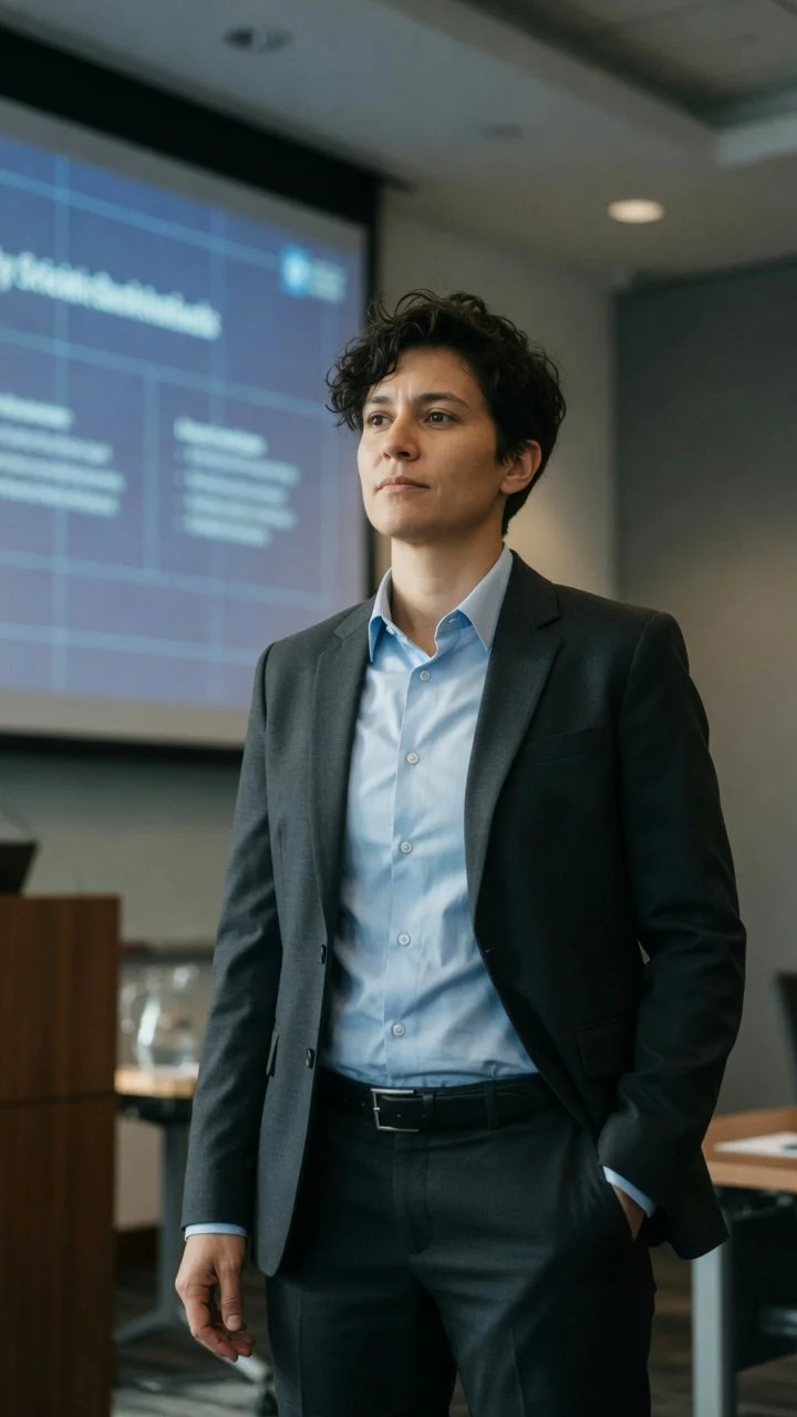 Manifest your dreams: Person confidently satnds in front of powerpoint presentation