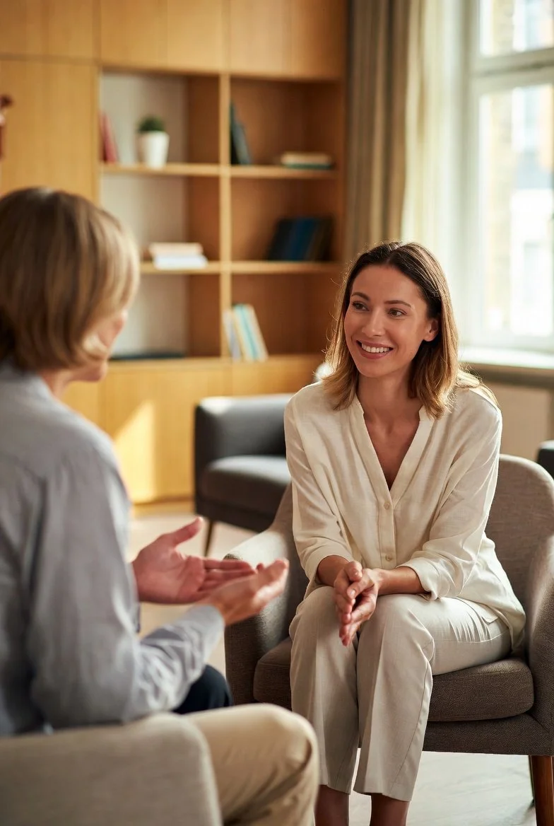 Phobia Treatment Los Angeles: A CBT for Phobia therapy session. A client smiles as the therapist explains something.