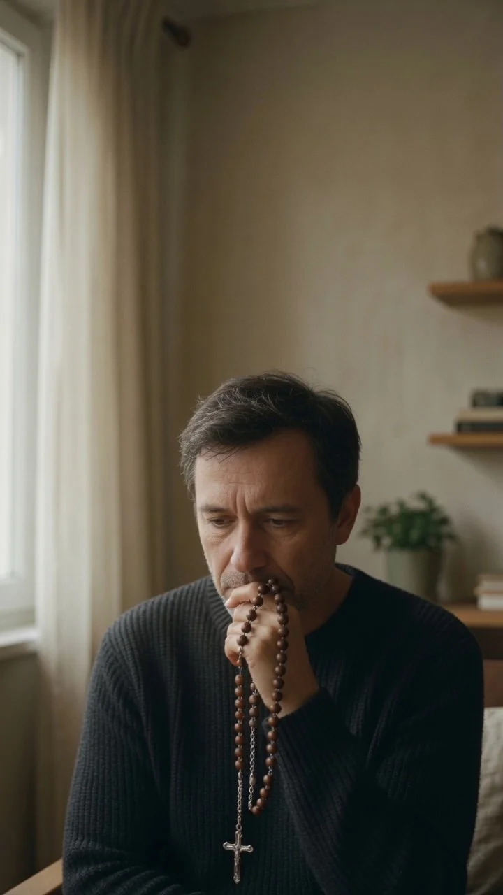 Person reading praying with a worried expression, illustrating religious scrupulosity OCD