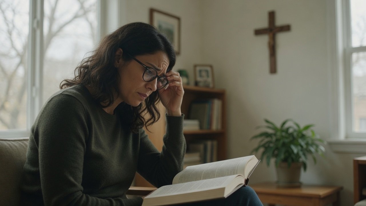 Person reading scripture with a worried expression, illustrating religious scrupulosity OCD