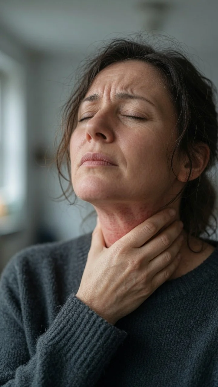 Person touching their throat, illustrating a sore throat caused by stress and anxiety