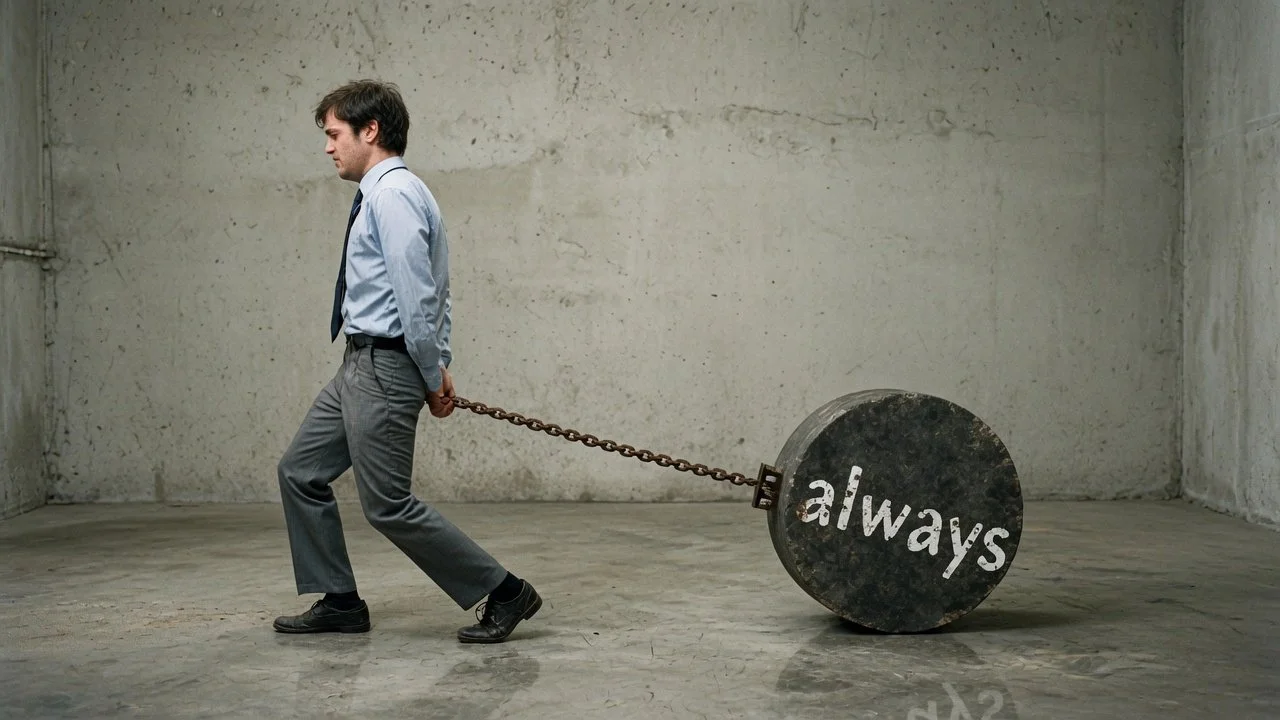 One Bad Event Becomes "Always": Man drags heavy weight labeled "always"