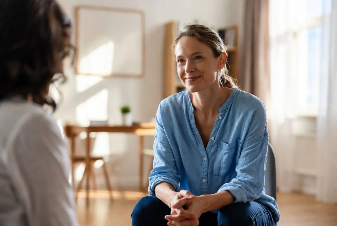 Cognitive Restructuring: Two women smile and talk during a CBT therapy session