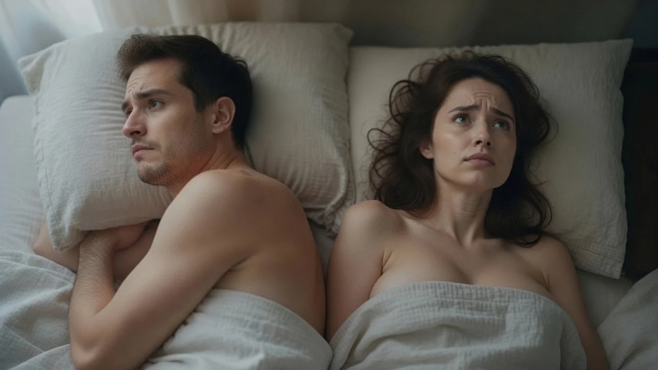 Mind Reading in Psychology: a couple lies in bed with worried expressions on their faces.