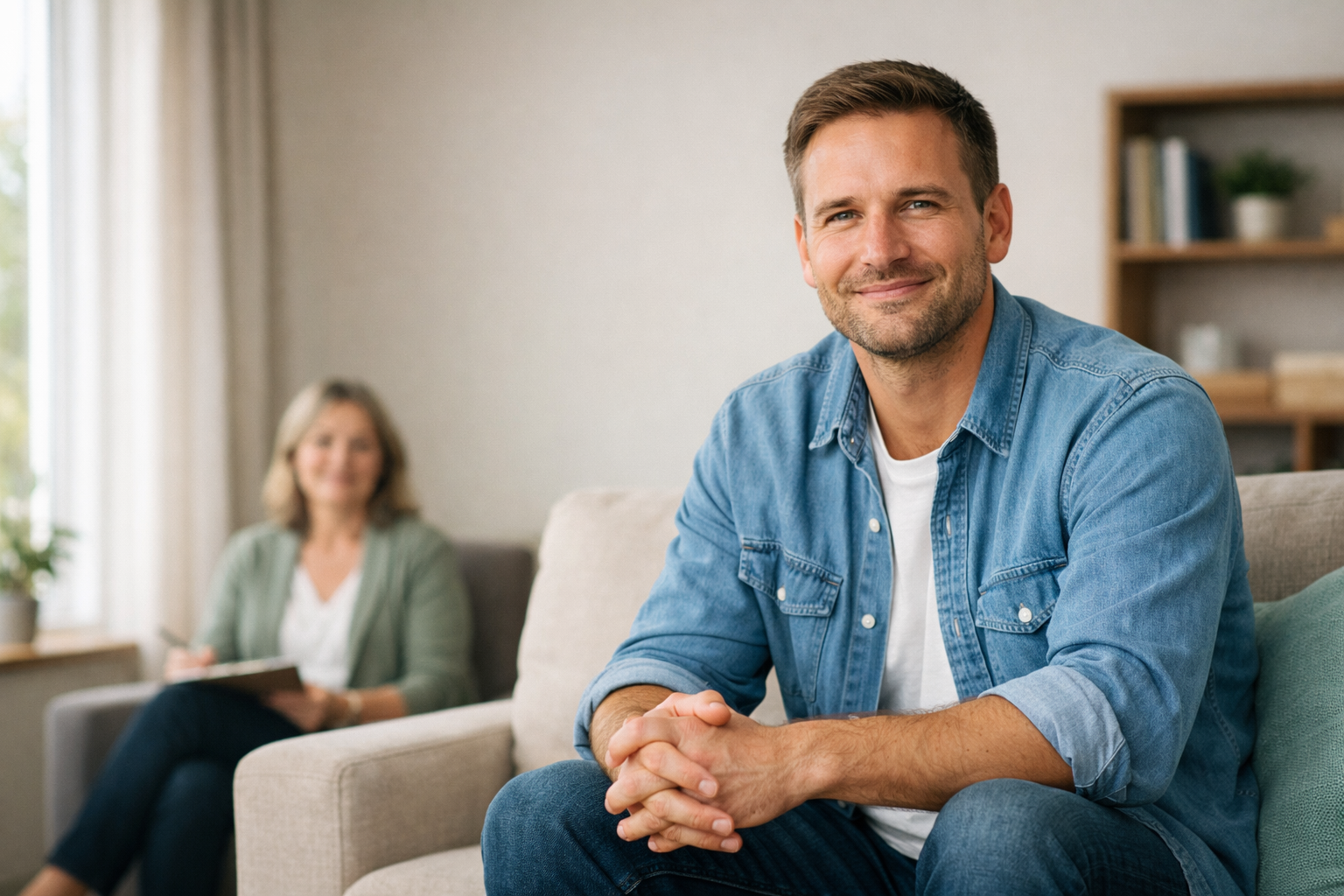 Mindfulness-based therapy: a therapist and a client sit in a therapy office, smiling