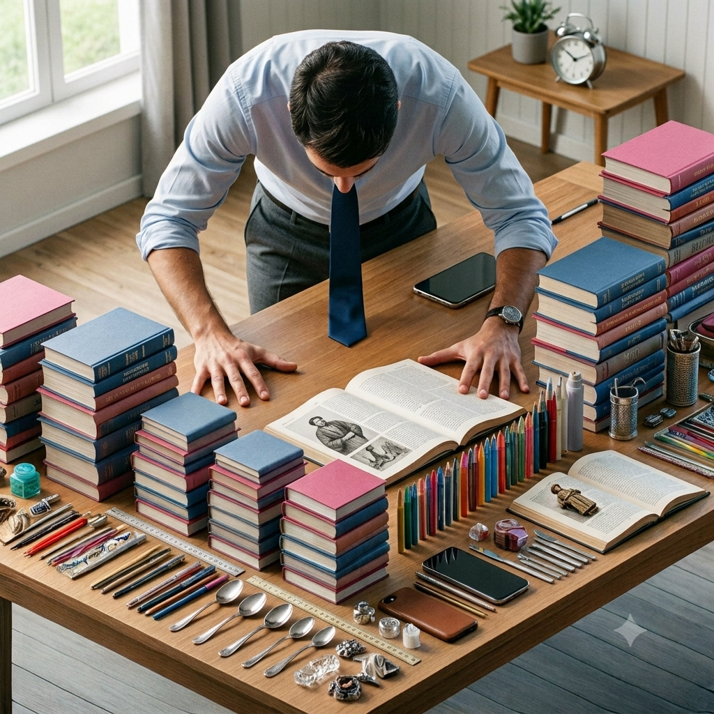 A man with just right OCD has piles of books on his desk, overly organized