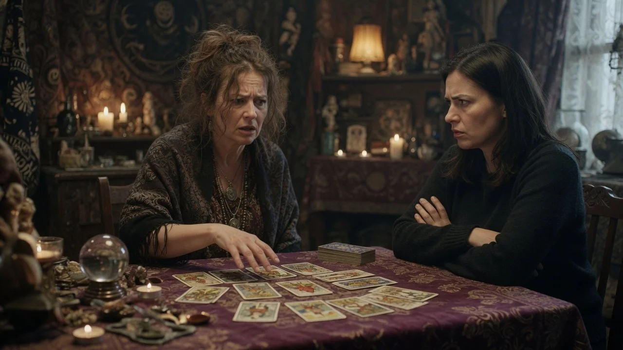 Cognitive Distortion: Fortune Telling: inept fortuneteller gives as Tarot reading as her skeptical client watches
