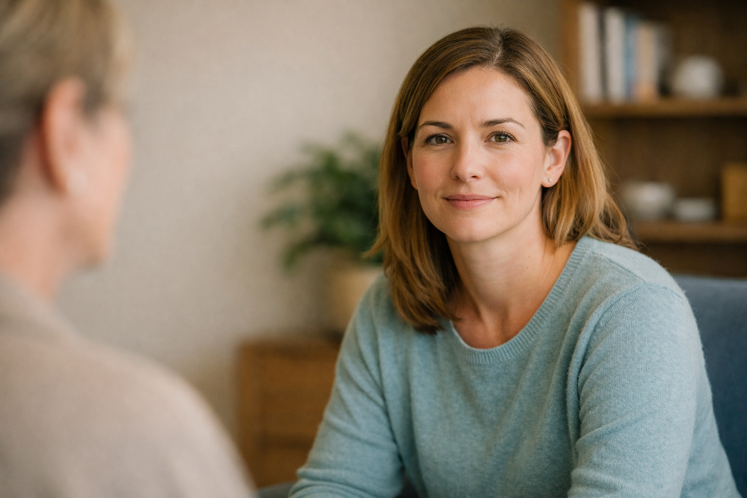 Exposure Therapy: Client in CBT Exposure therapy session smiling confidently