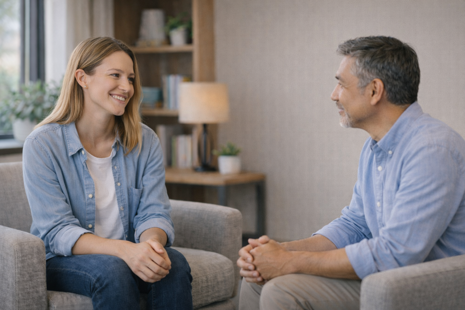 A CBT session where a CBT therapist provides cognitive behavioral therapy to a client