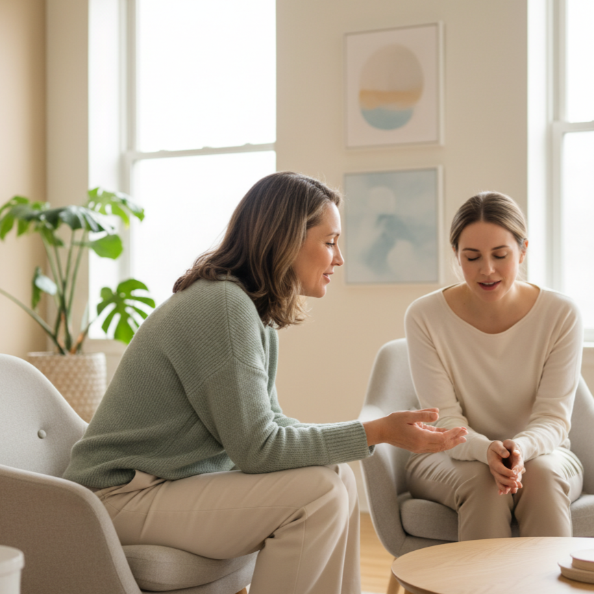 CBT Session: two women chatting in a comfy room