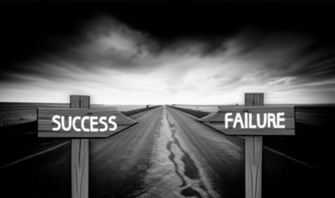 All-or-Nothing Thinking: 2 signs pointing down a road, one reads success, one reads failure
