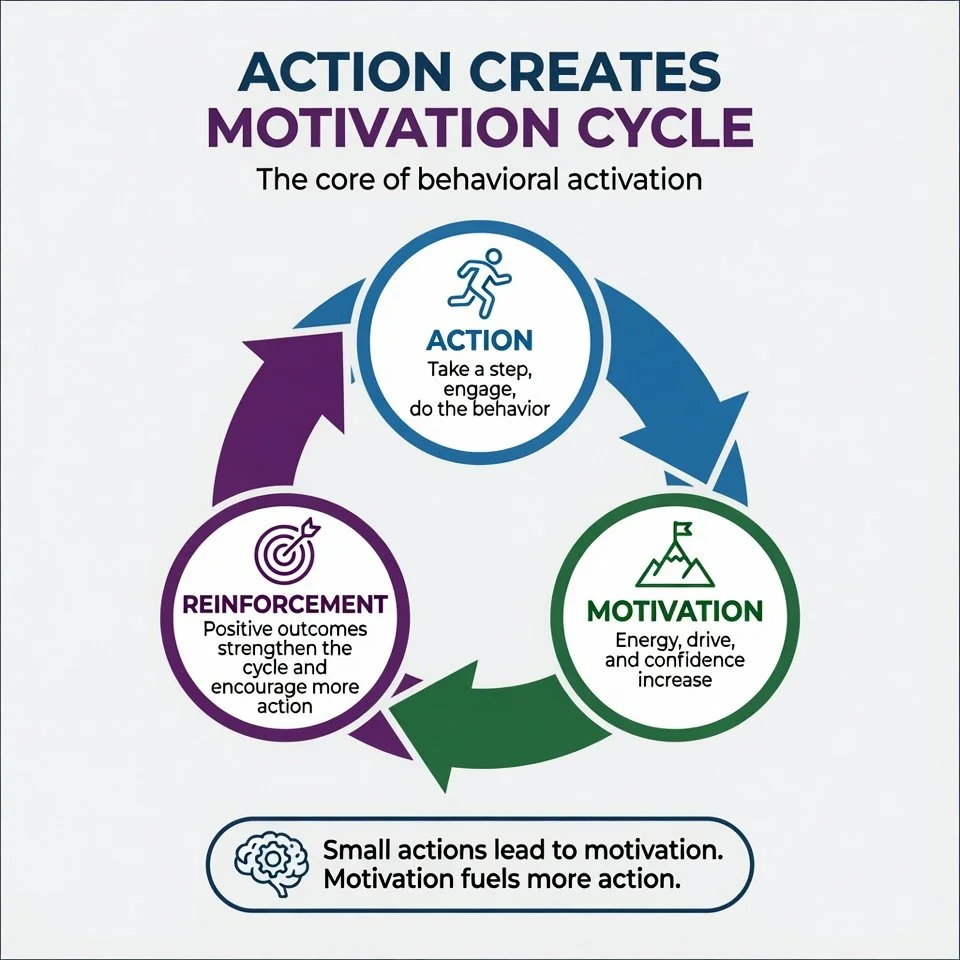 Cycle diagram showing action generating motivation, the core of behavioral activation