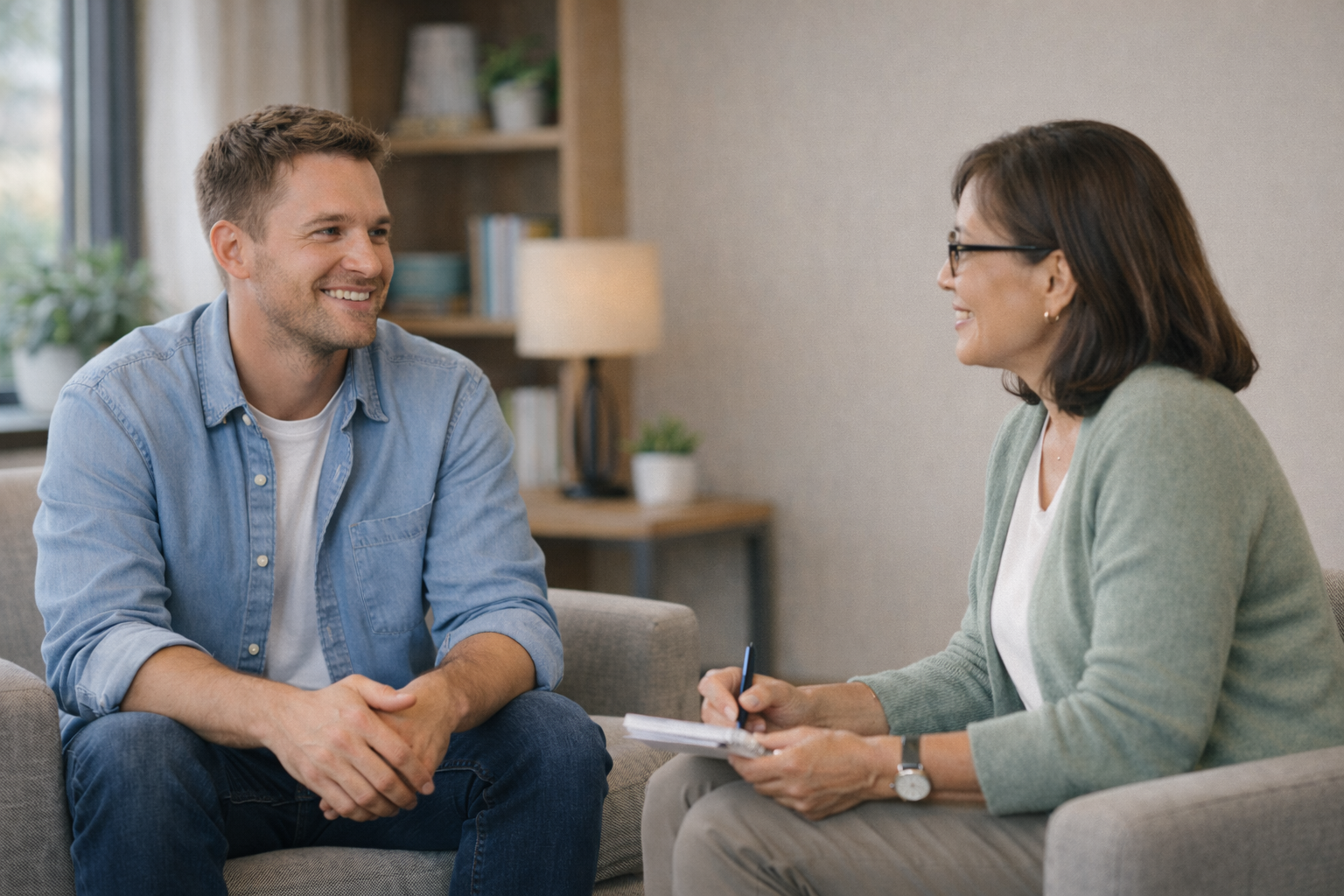 Cognitive Restructuring: A man and woman sit together whle the woman takes notes in a cognitive restructuring appointment