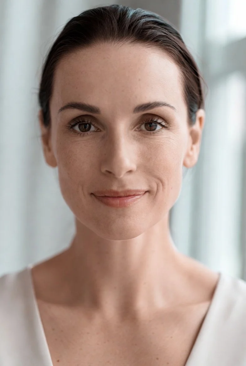 A woman calmly looks forward, a confident expression on her face.