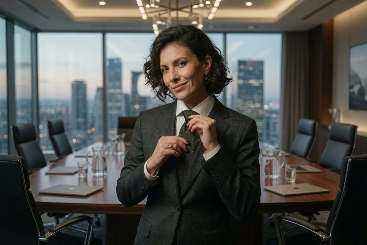 Think it, do it, be it: Person confidently adjusts tie in a board room