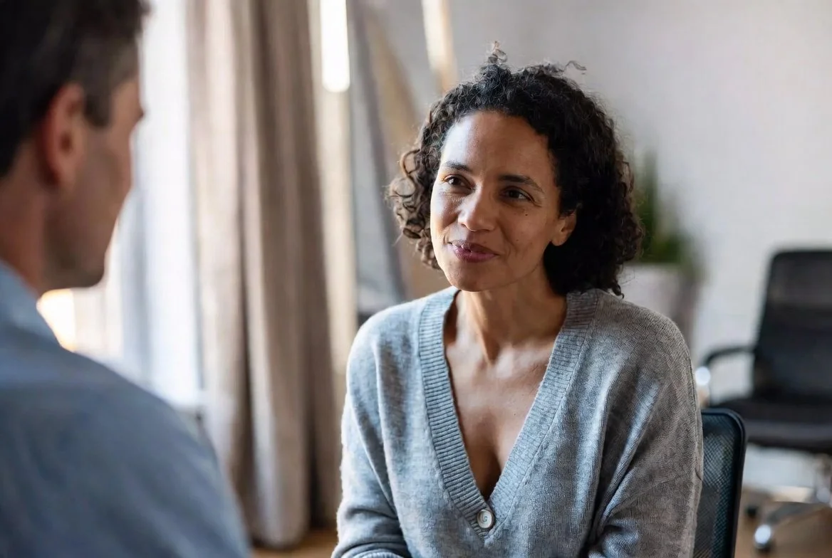 Mindfulness-Therapy Los Angeles: A client serenely smiles during a mindfulness-based therapy session