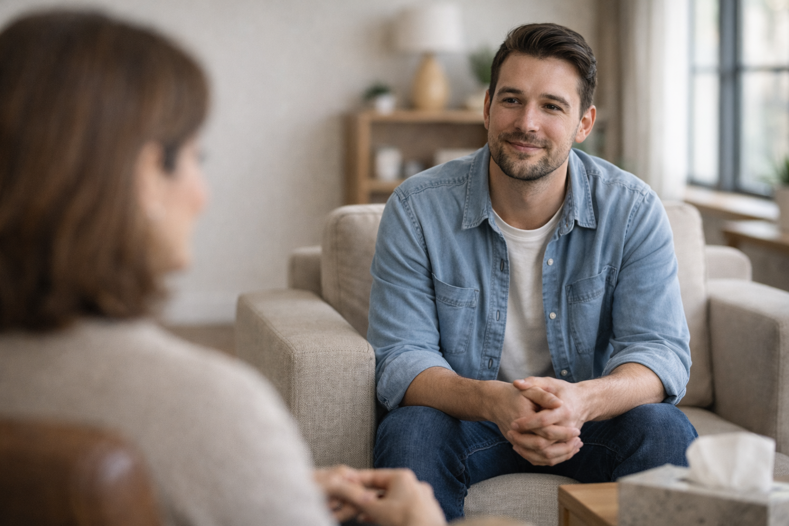 CBT for PTSD in Los Angeles: A therapy session in which a male client smiles and listens to his therapist.
