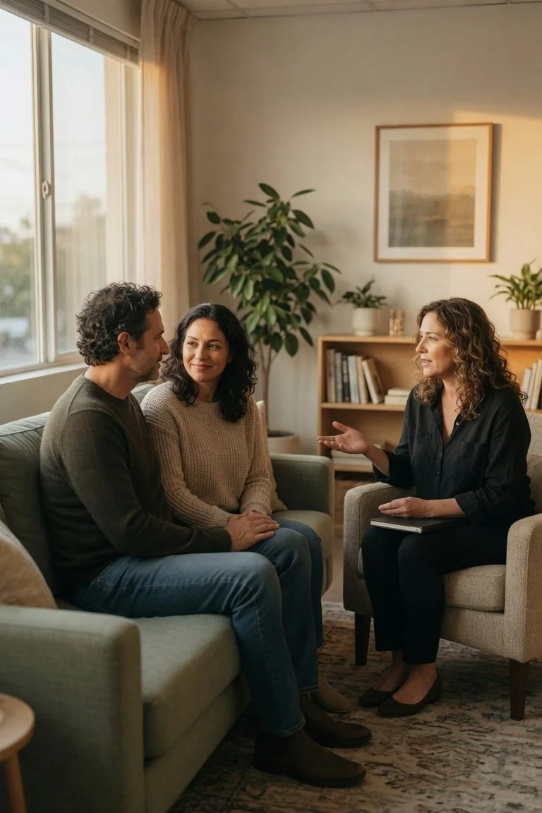 Couples Therapist in Los Angeles: A couples therapy session. A female couples therapists talks to a couple with a friendly expression on her face.