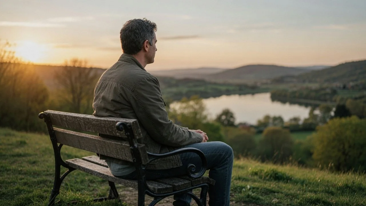 Cognitive Reappraisal Strategies for Emotional Regulation: A casually dressed adult sits on a park bench at sunrise, calmly reflecting while looking out over a peaceful landscape, conveying thoughtful perspective rather than distress.