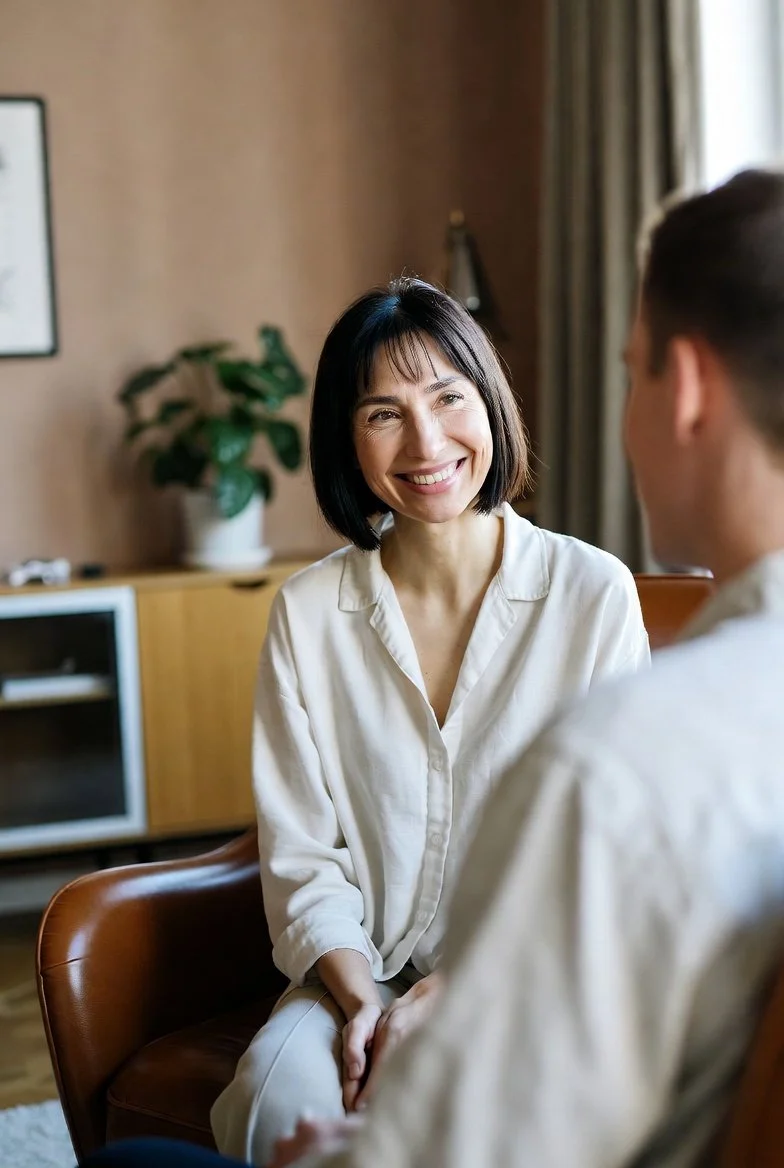 ACT Therapy Los Angeles: An ACT therapy session. An act therapist smiles warmly at a client.