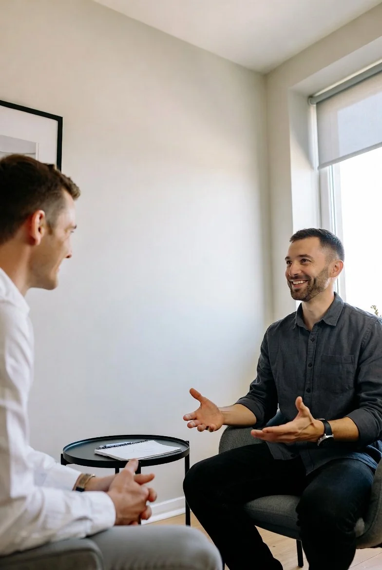 CBT for procrastination in los angeles: A CBT therapy session. A therapist explains something to his client.