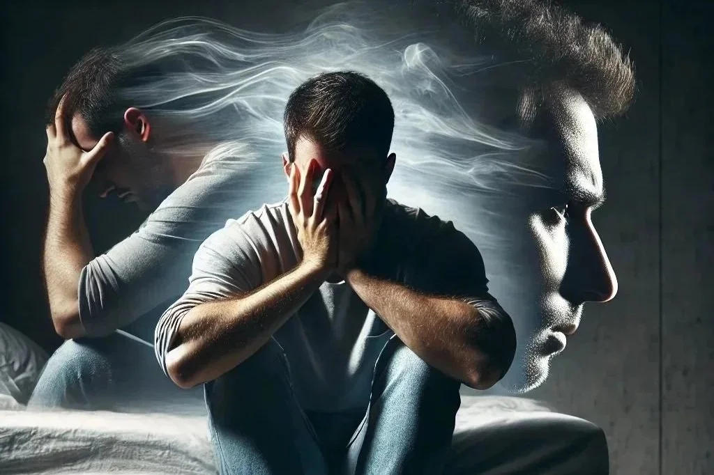 CBT for OCD: A man with OCD battles obsessions and compulsions, symbolized by smoky, wispy visions of himself in distress