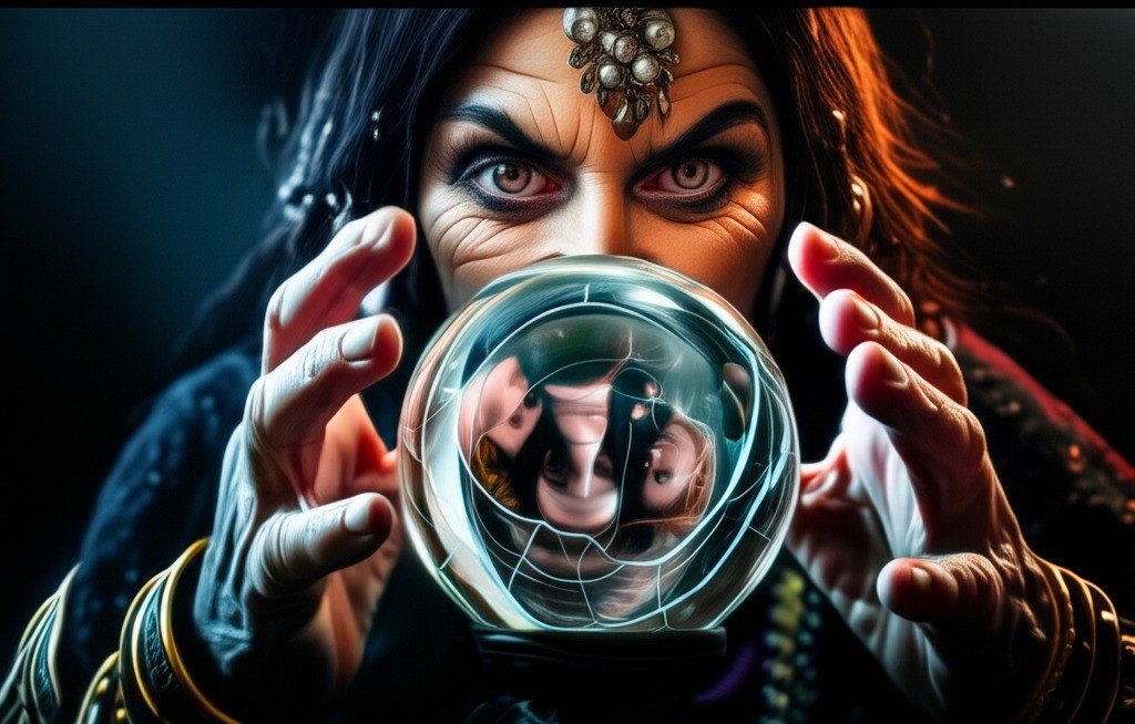 image of a fortune teller looking at distorted faces in a crystal ball