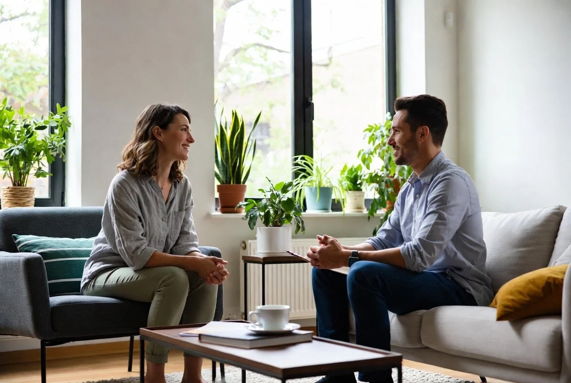 Client and psychologist in conversation during a CBT session
