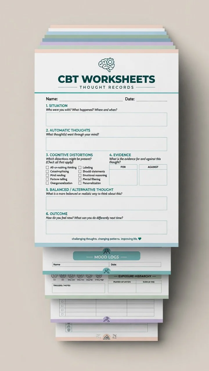 Printable CBT worksheets including thought records, mood logs, and exposure hierarchies