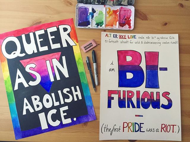 Trading my 005 micron for a sharpie &amp; watercolors today...both sides of my Pride sign for tomorrow (And I got to use my @stillbisexual_official Stop Erasing Bisexuality eraser!). 🏳️&zwj;🌈
(The slogan for Oslo Pride is &ldquo;Alt Er Love&rdquo; 
