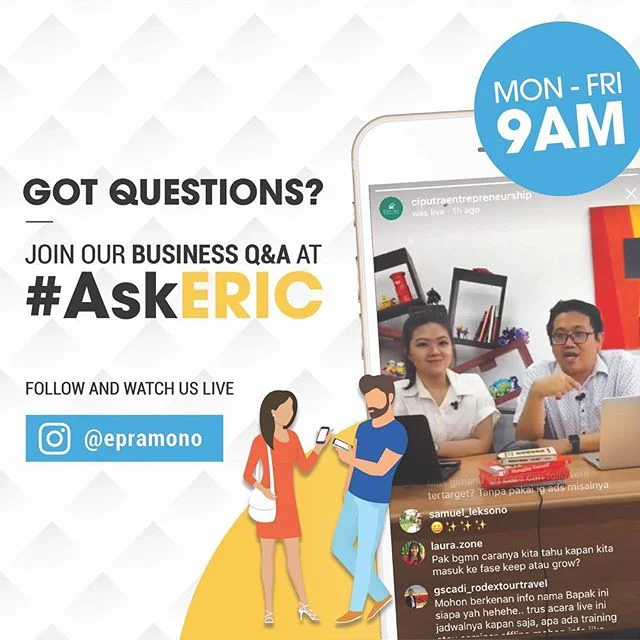 Kapan lagi bisnis kamu dipikirin orang lain? Ayuk yang pada punya pertanyaan seputar bisnis dan marketing, join #AskEric aja, ada buanyak tips praktis yang langsung bisa diterapin di bisnis kamu. Plus, kamu bisa nanya langsung sama pakar bisnis @epramono
.
Cukup join aja sesi live nya di akun @epramono jam 9 pagi, kamu bisa langsung nanya tentang masalah bisnis kamu di sana. See you there!