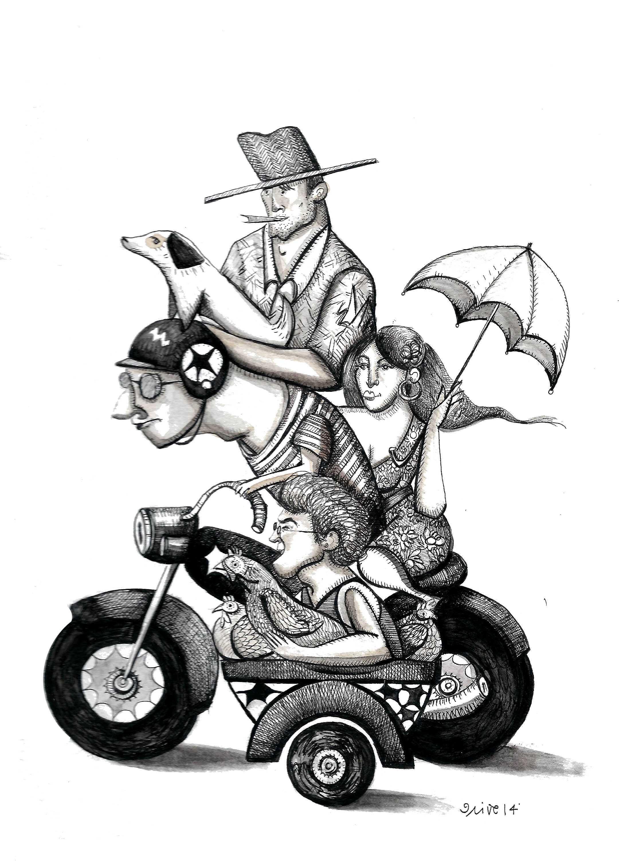 'La Familia' 12" x 16" / coffee, pen & ink / SOLD