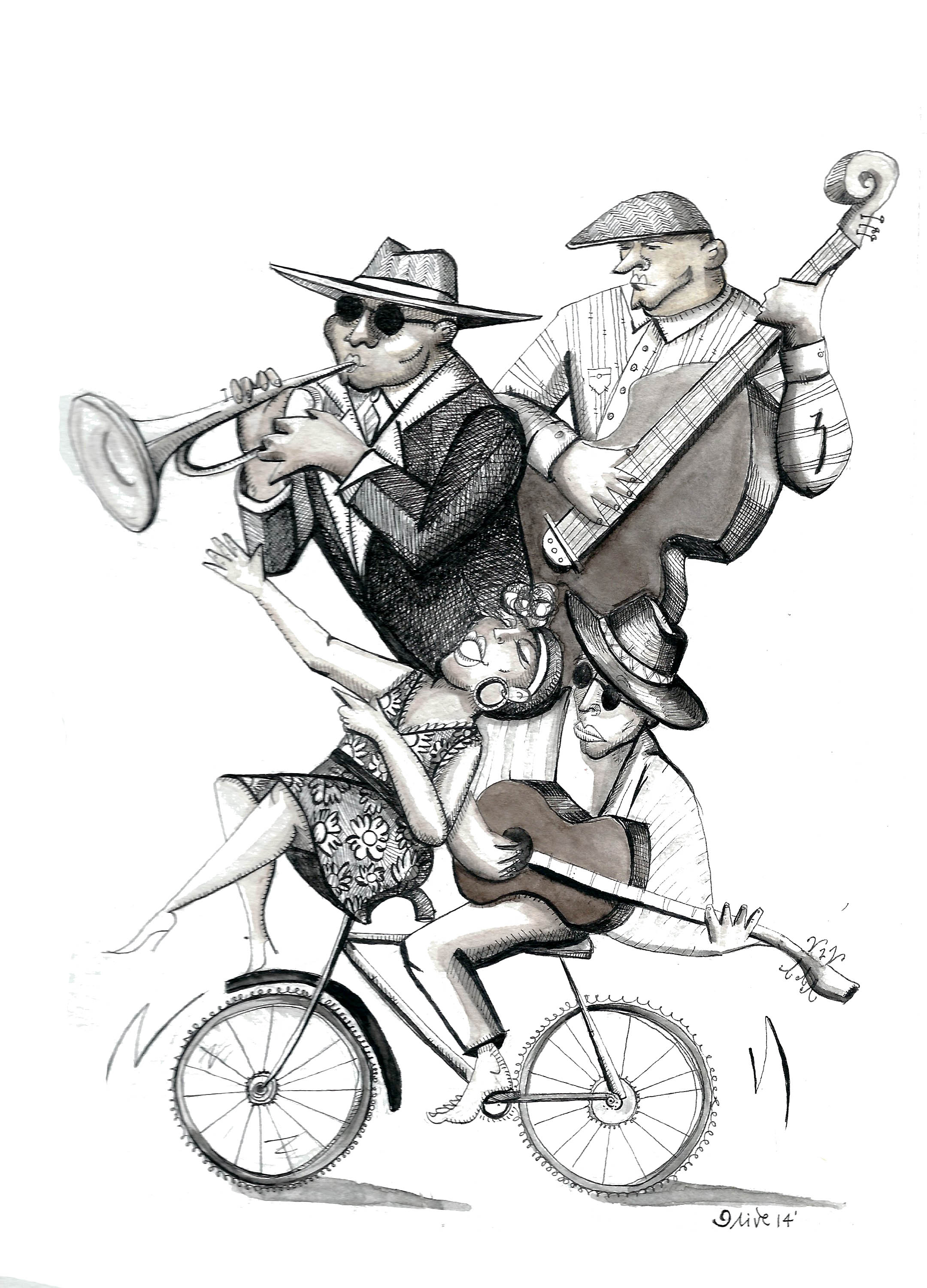 "Los Músicos' 12" x 16" / coffee, pen & ink / SOLD