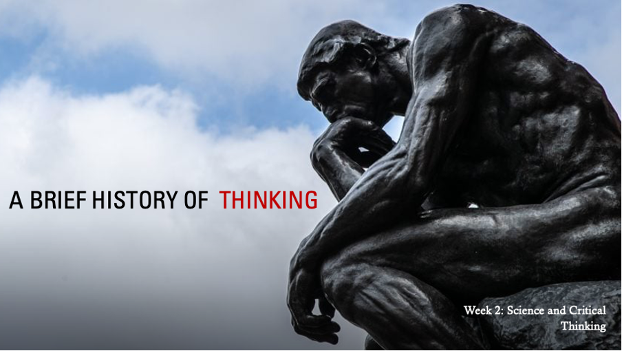 rodin's the thinker with clouds and blue sky in background. a brief history of thinking as text across middle, THINKING in red, the rest in black