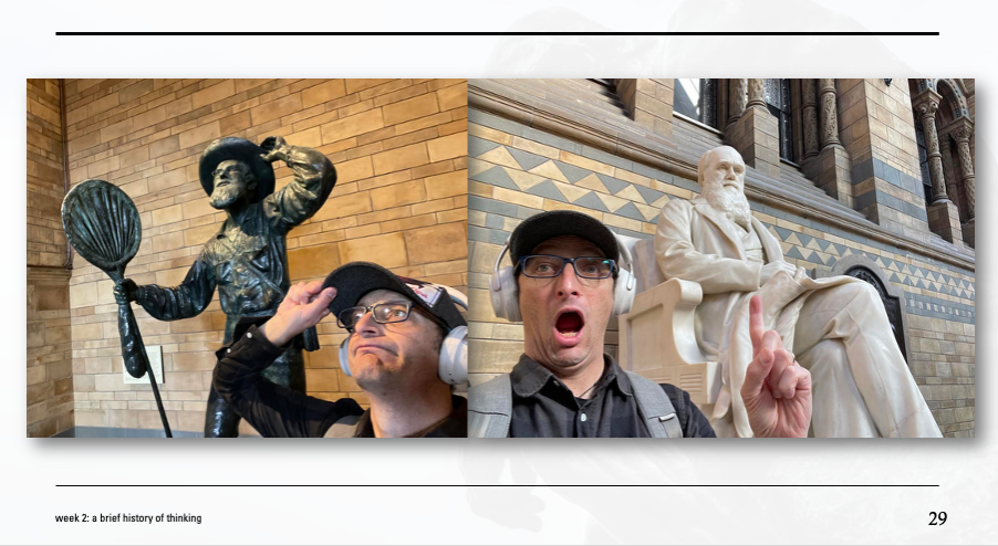 The esteemed blog author (Will) pulling faces next to statues of Alred Russell Wallace and Chuck D (aka Charles Darwin) at the natural history museum
