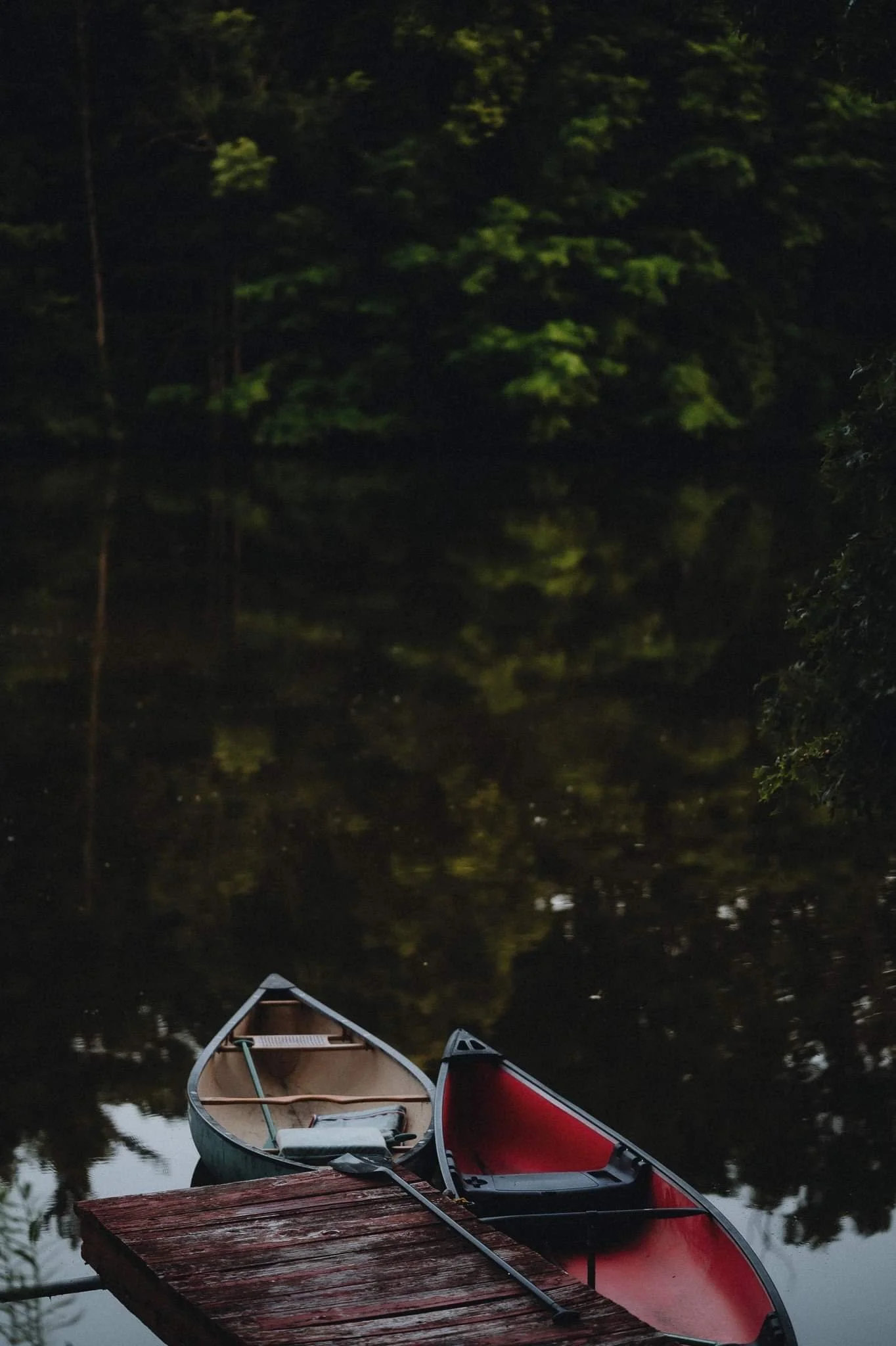 Two canoes moored at a wooden dock on a tranquil lake surrounded by dense forest.