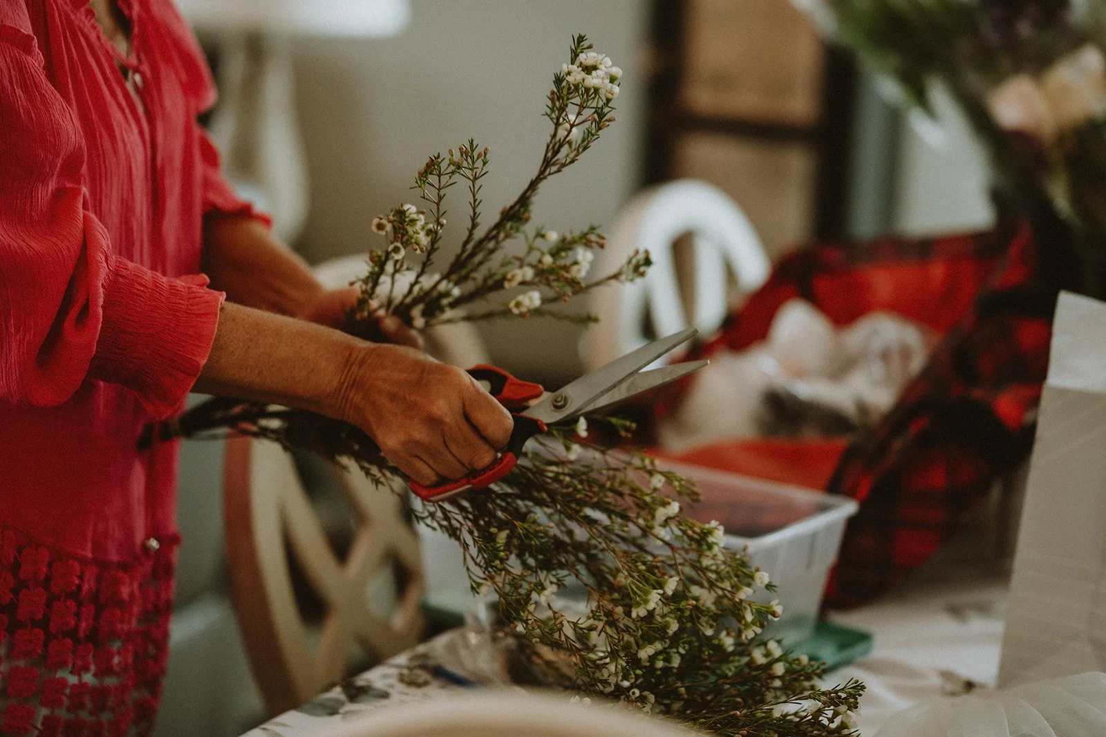 Person in a red shirt trimming a bouquet of white flowers with scissors at a table indoors.