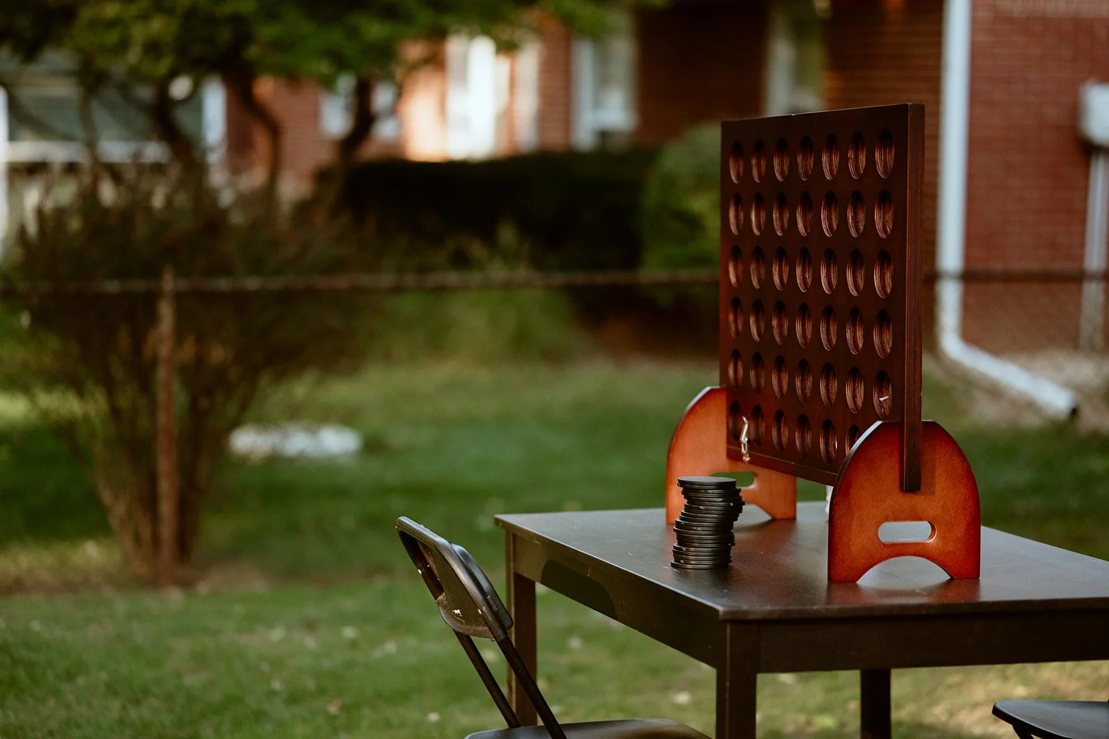 Outdoor Connect Four game setup on table