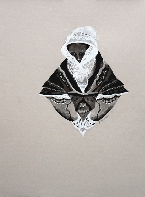  Spinster #1  tissue paper, gouache &amp; graphite on paper  7.5" x 8.5"  2011 
