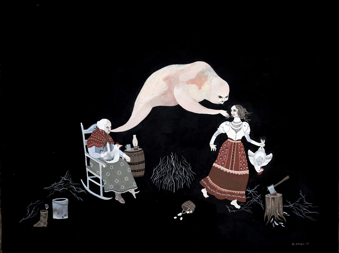 My Ghostie is Gonna Gitcha! tissue paper, gouache, glitter & flashe on paper 18" x 24" click to see larger